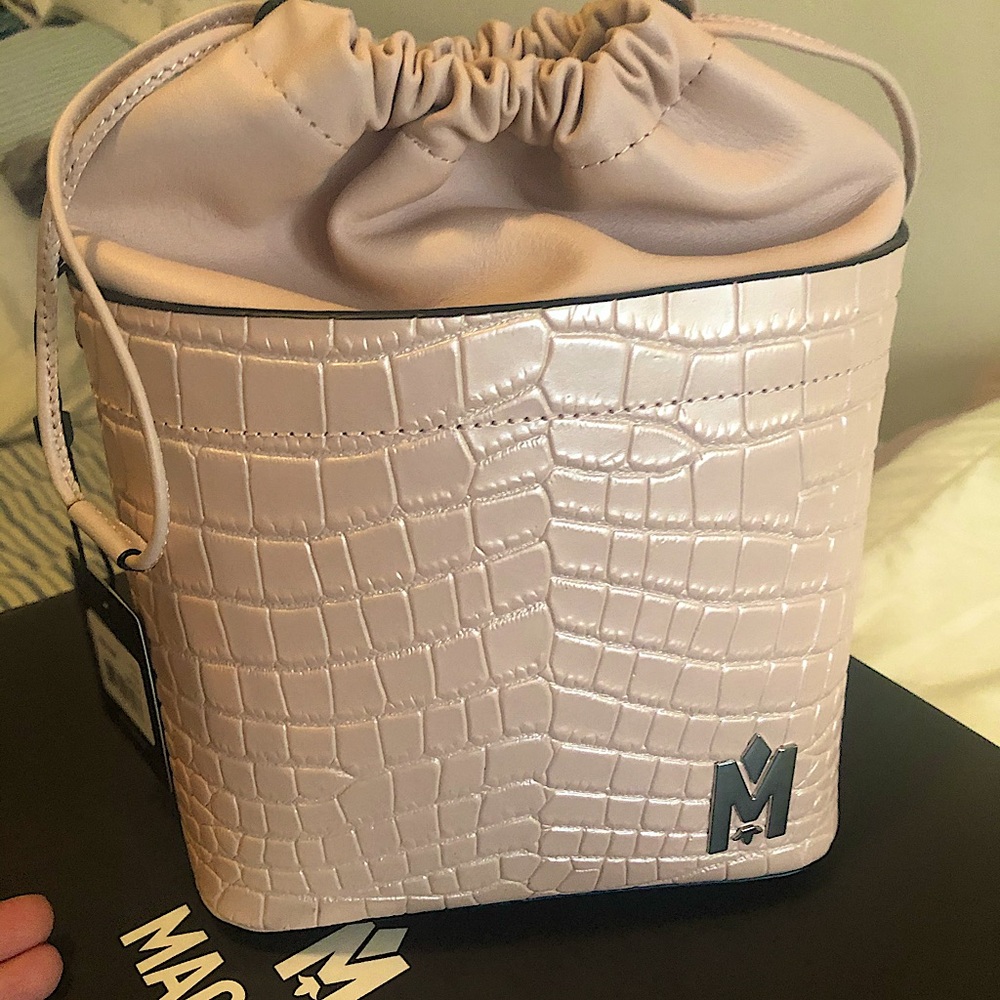 Mackage Mini Bucket Bag in Blush Pink Croc-Embossed Leather